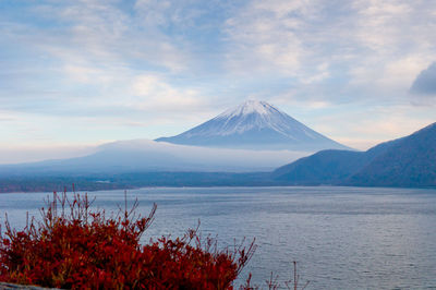 Scenic view of lake against cloudy sky