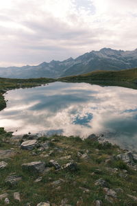 Scenic view of moutain lake against sky