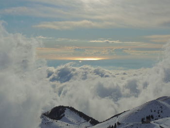 Aerial view of snowcapped landscape against sky