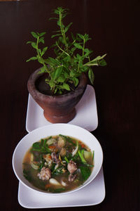 High angle view of soup in bowl on table