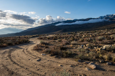 Dirt road in the desert heading up eastern sierra nevada mountains of california usa