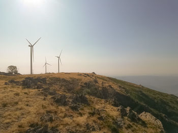 Wind turbines on land against sky