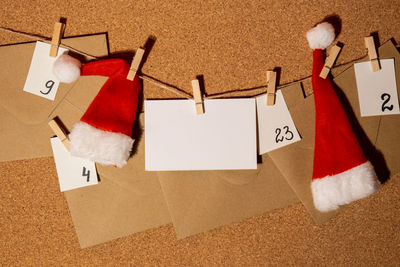 High angle view of christmas decorations on table