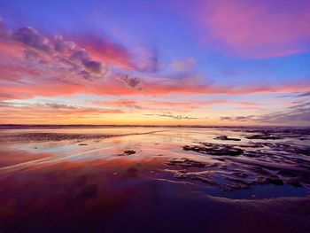 Scenic view of beach against sky during sunset