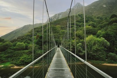 Footbridge amidst trees against sky