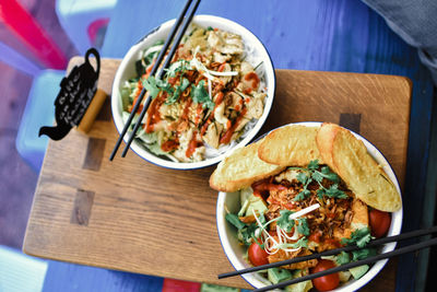 High angle view of food served on table