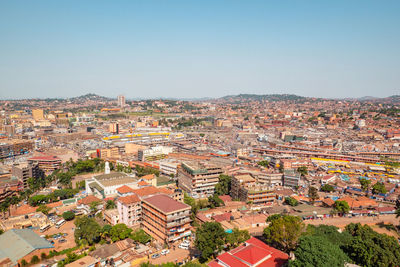 High angle view of townscape against clear sky