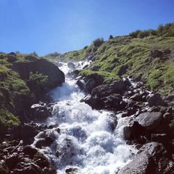 Scenic view of waterfall against clear sky