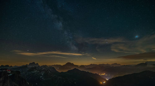 Scenic view of mountains against sky at night