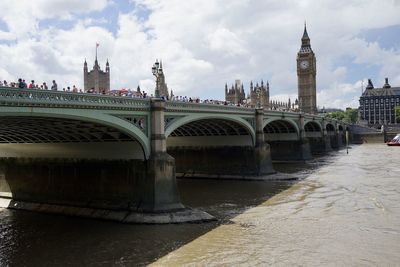 Bridge over river with buildings in background