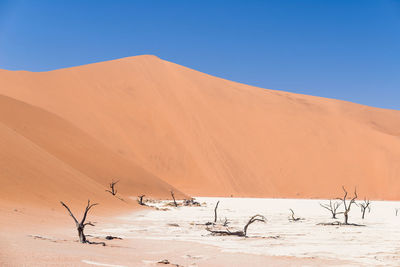 Scenic view of desert against clear blue sky