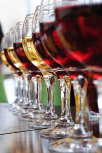 Close-up of wine in glasses arranged on table