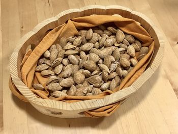 High angle view of bread in basket on table