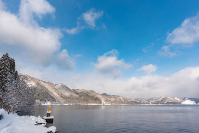 Scenic view of lake by snowcapped mountains against sky