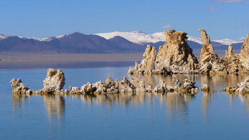 Panoramic view of lake and mountains against sky