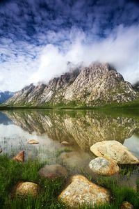 Reflection of mountain on lake against sky