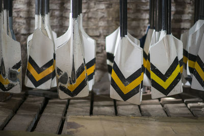 Metallic oars at workshop