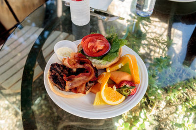 High angle view of food in plate on table