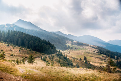 Scenic view of landscape and mountains against sky