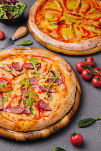 High angle view of pizza on table