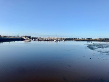 Scenic view of beach against clear blue sky