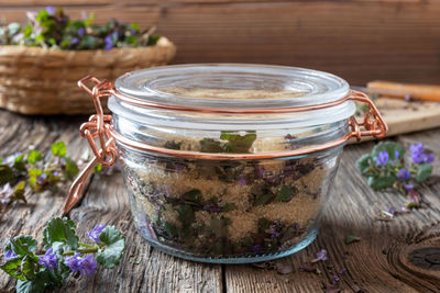 Close-up of glass jar on table