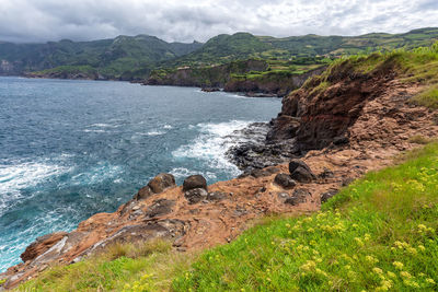 Scenic view of sea and mountains