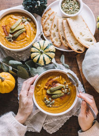 Delicious homemade pumpkin soup for thanksgiving.