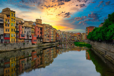 Buildings by river against sky during sunset