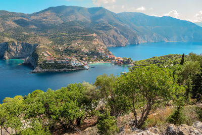 High angle view of bay against mountains