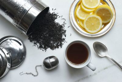 High angle view of tea served on table