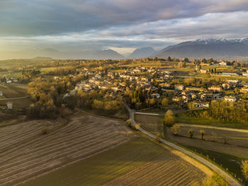 High angle view of townscape against sky