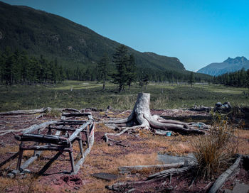 Mountain landscape in russia with wooden sleigh and old stump