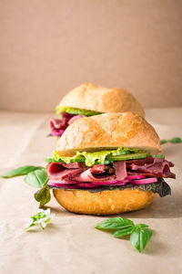 Fresh hamburger with pastrami, cucumber, radish and herb on craft paper