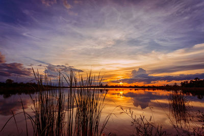 Scenic view of lake against sky during sunset