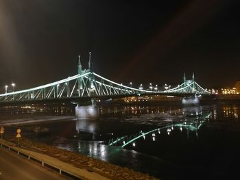 Illuminated suspension bridge at night