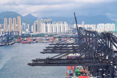 Container cranes with buildings in background