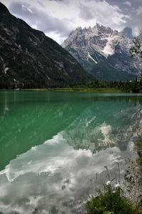 Scenic view of lake and snowcapped mountains against sky