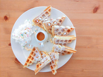 High angle view of cake in plate on table