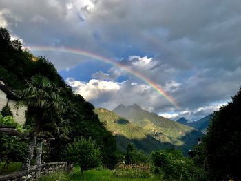Scenic view of rainbow over mountains against sky