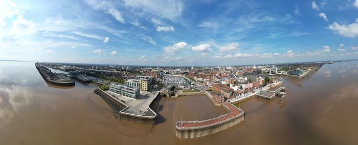 High angle view of cityscape against sky