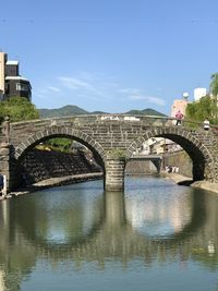 Arch bridge over river against blue sky