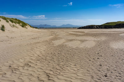 Scenic view of beach against blue sky