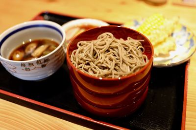 High angle view of various food on table