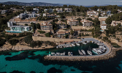 High angle view of buildings in city