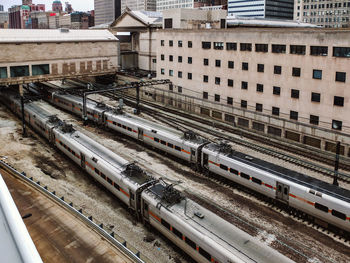 High angle view of trains at shunting yard in city