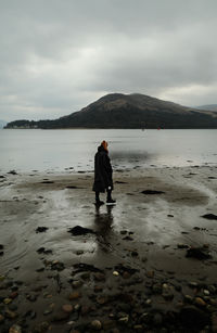 Rear view of man walking at beach against sky