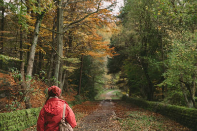 Rear view of woman walking on road amidst trees in forest