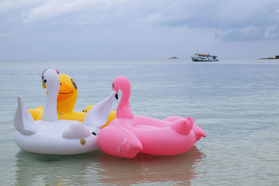 View of pink floating on sea against sky