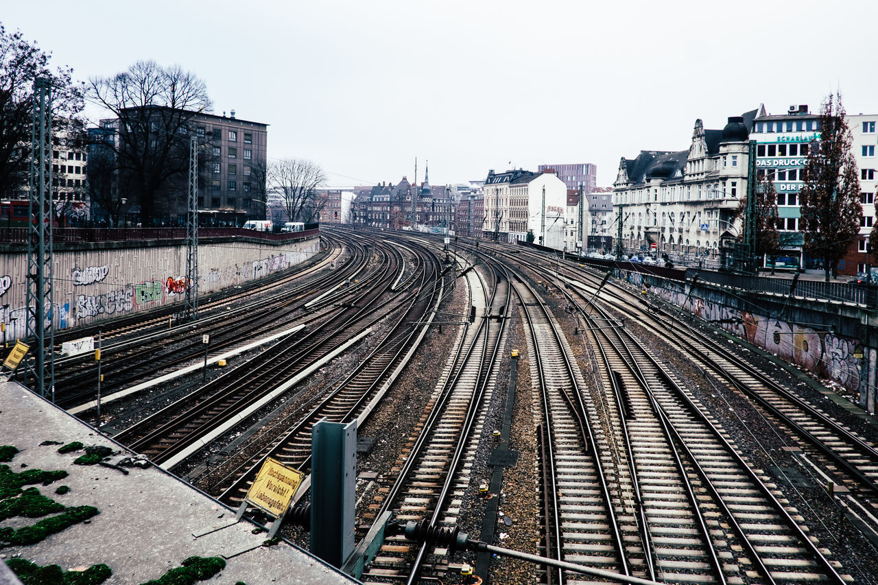 HIGH ANGLE VIEW OF RAILROAD TRACKS AGAINST SKY